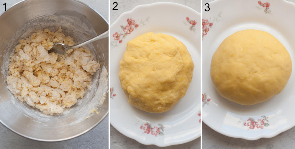 A collage of 3 photos showing how to make faworki dough.