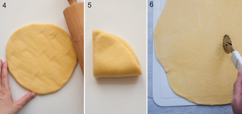 A collage of 3 photos showing rolling out and folding faworki dough.