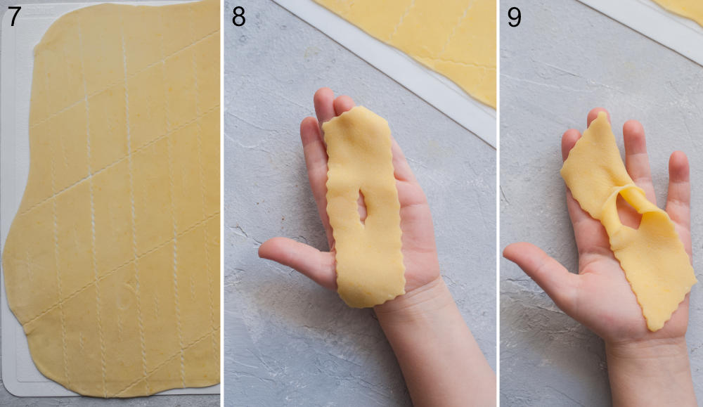A collage of 3 photos showing rolled out faworki dough and how to shape faworki.