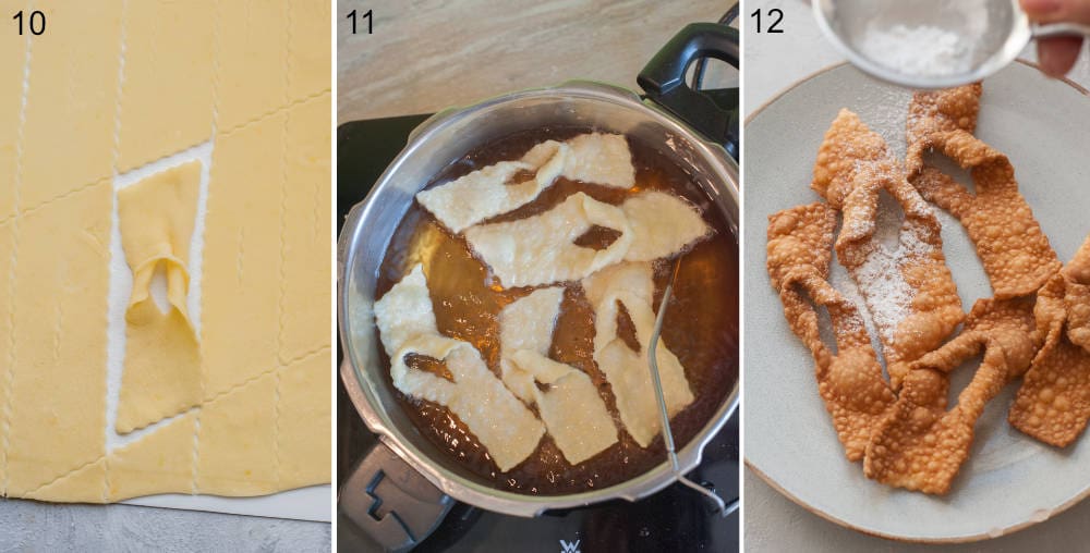 A collage of 3 photos showing frying faworki and dusting them with powdered sugar.