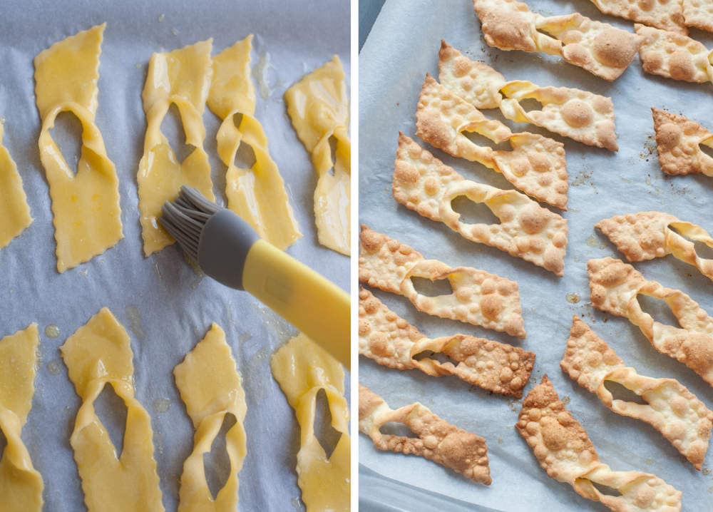 Brushing faworki dough with melted butter. Baked faworki on a baking sheet.