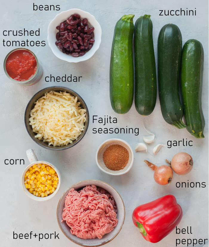 Labeled ingredients needed to prepare Mexican zucchini boats.