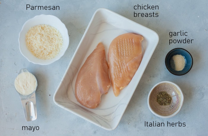 Labeled ingredients for parmesan mayo chicken.