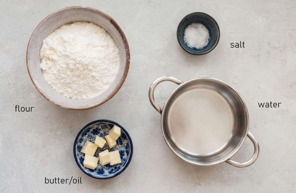 Labeled ingredients for pierogi dough.