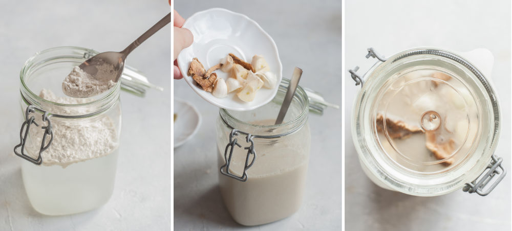 A collage of 3 photos showing preparation steps of sour rye starter.