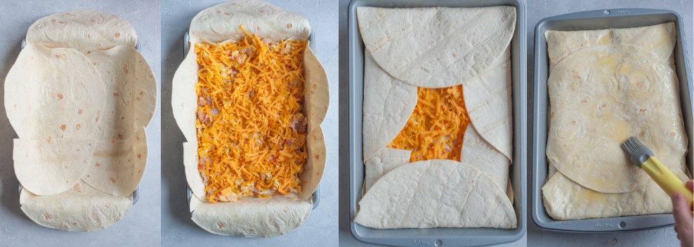 A collage of 4 photos showing preparation steps of sheet pan breakfast quesadillas.