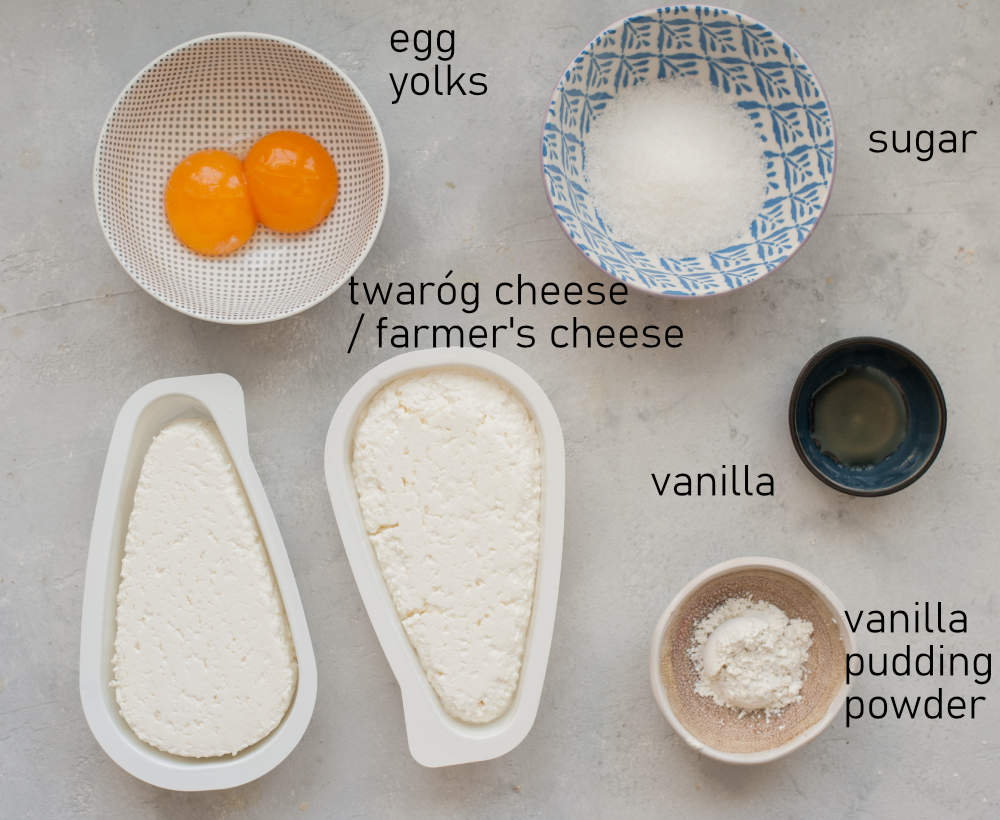 Labeled ingredients for sweet cheese filling for pierogi.