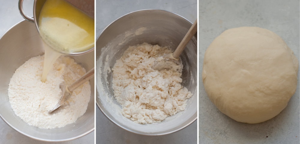 A collage of 3 photos showing preparation steps of pierogi dough.