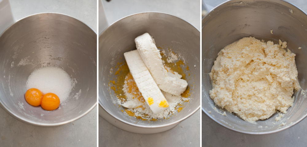 A collage of 3 photos showing preparation steps of sweet cheese filling for pierogi.