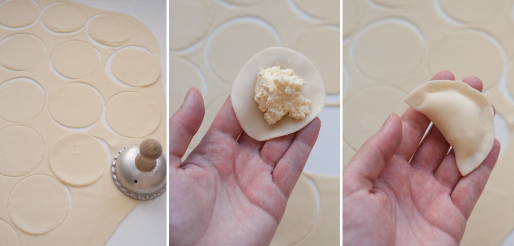 A collage of 3 photos showing shaping pierogi.