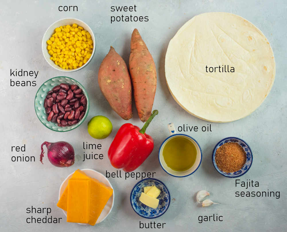 Labeled ingredients for vegetarian quesadillas.