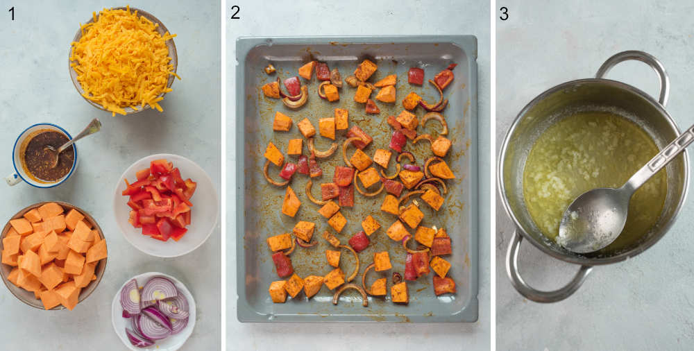 Prepared ingredients on a table. Vegetables on a baking tray. Butter with garlic in a pot.