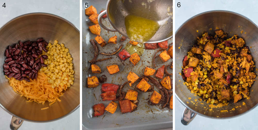 Vegetables in a bowl. Butter in being poured into a baking tray. Quesadilla filling in a bowl.