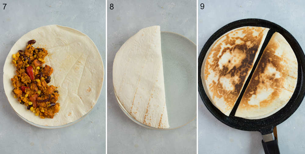 A collage of 3 photos showing how to assemble and fry quesadillas.