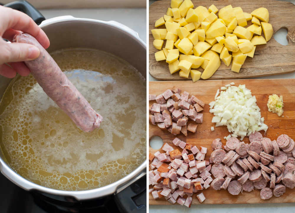 Adding white sausages into a pot with broth. Chopped meats on a wooden board.