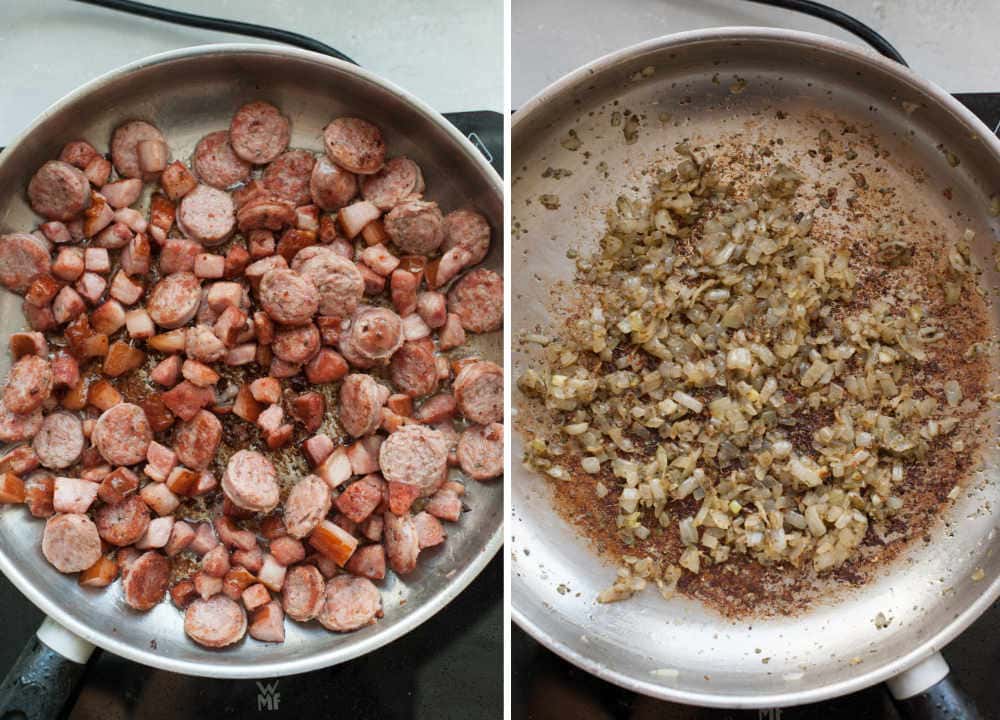 Sausages and meats are being cooked in a pan. Onion and spices are being cooked in a pan.