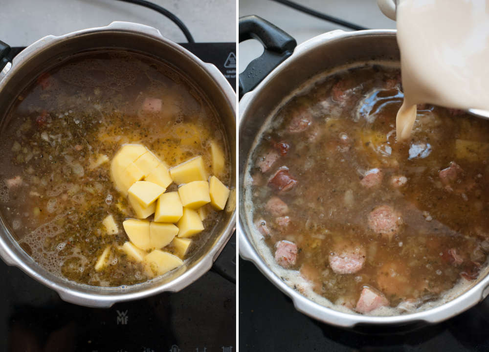 Potatoes, broth, and sausages in a pot. Sour rye starter is being added to a pot.