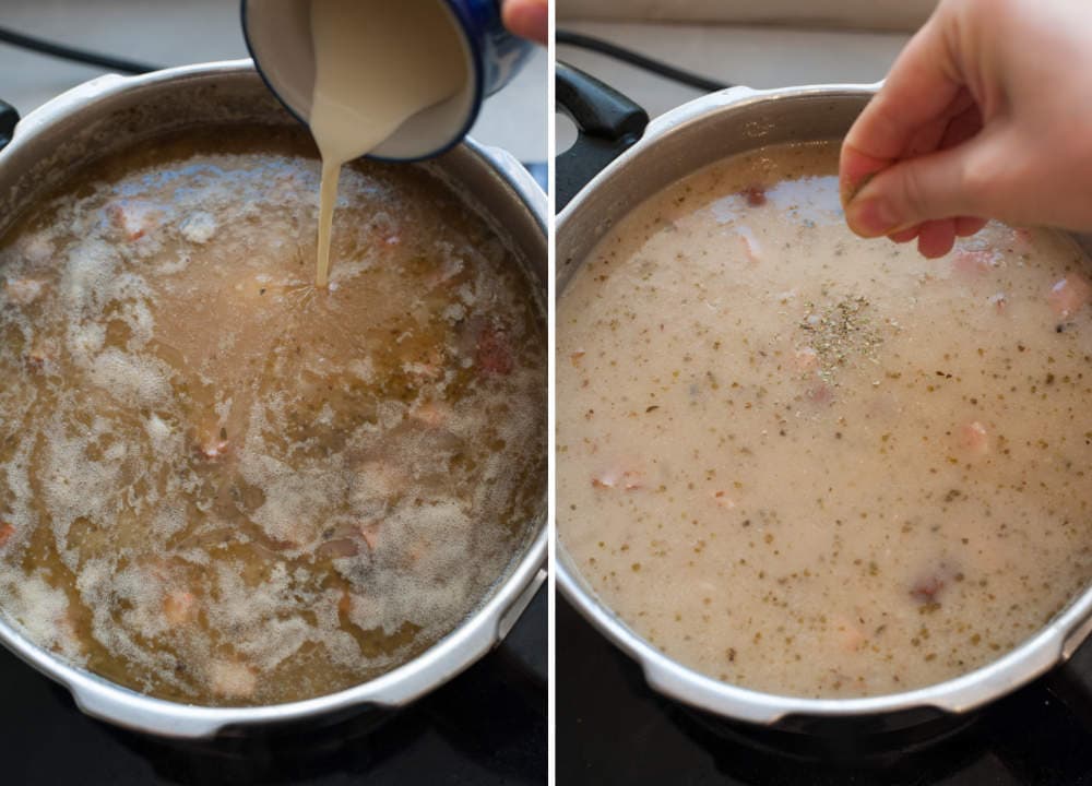 Cream is being added to a soup. Soup is being seasoned with marjoram.