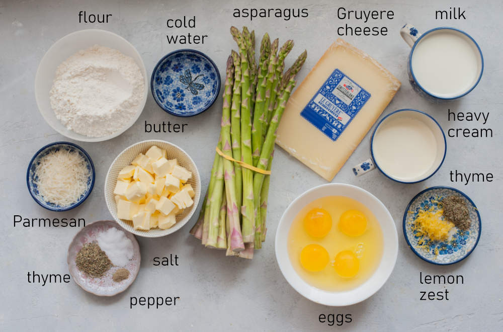 Labeled ingredients for asparagus quiche.