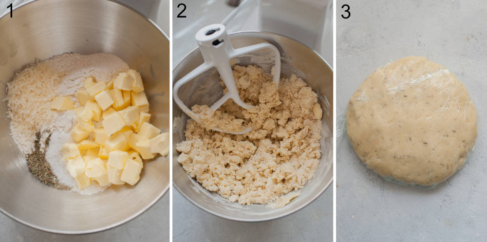 A collage of three photos showing preparation steps of shortcrust pastry.