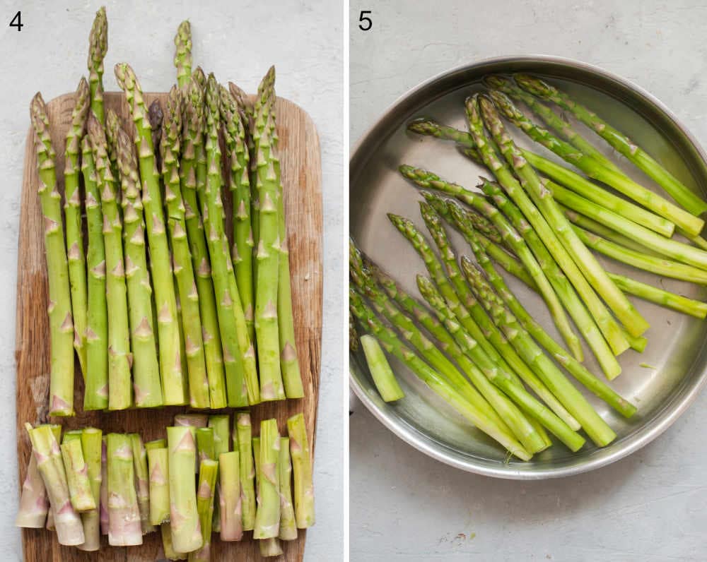 Asparagus on a wooden board with bottoms cut off. Asparagus is being cooked in a pan.