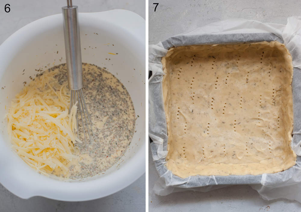 Cheese filling for quiche in a white bowl. Unbaked pastry crust in a square pan.