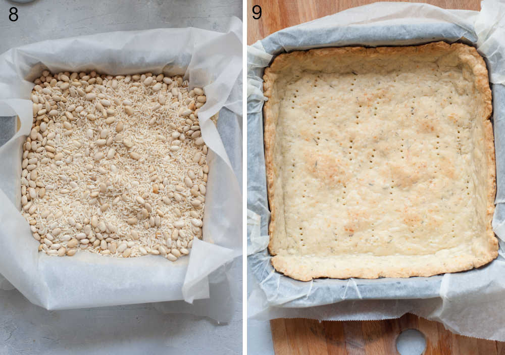 Rice and beans in a square pan lined with parchment paper. Baked shortcrust pastry in a square pan.