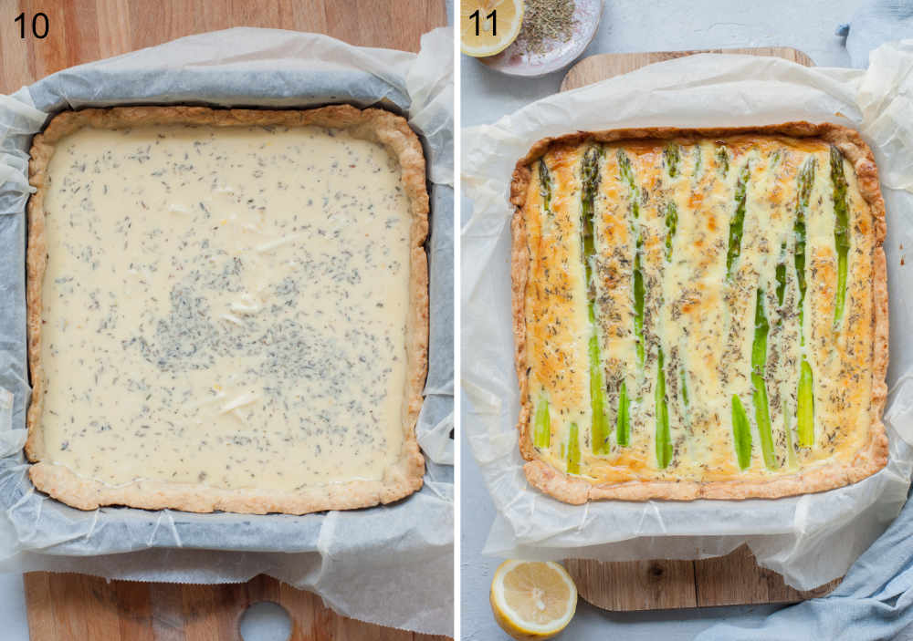 Unbaked cheese filling for quiche in a baked pastry crust. Bake asparagus quiche in a square pan.