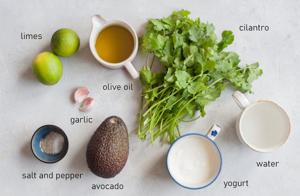 Labeled ingredients for avocado cilantro lime dressing.