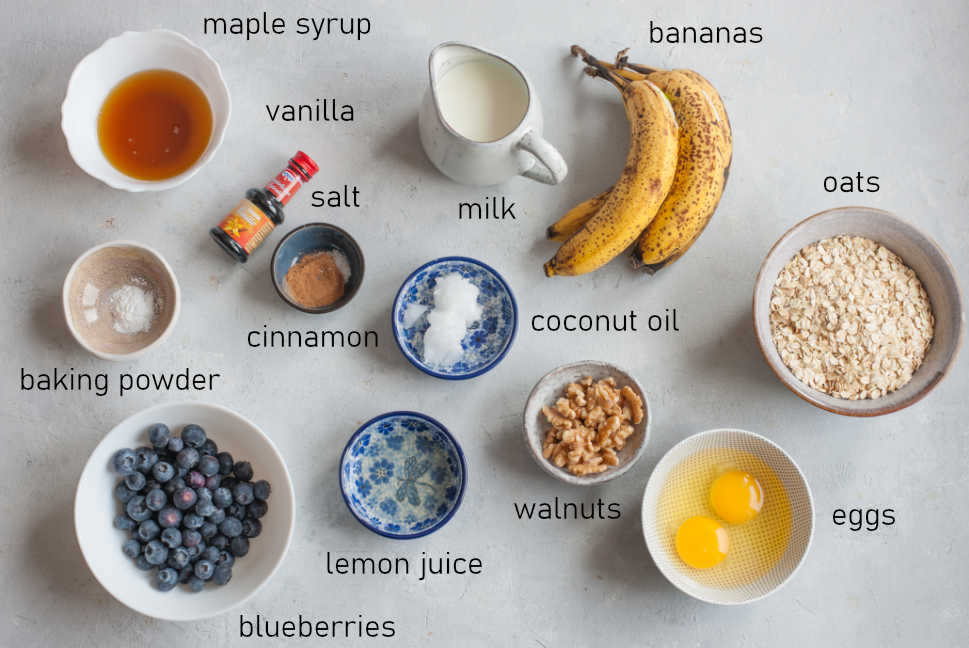 Labeled ingredients for banana blueberry baked oatmeal.