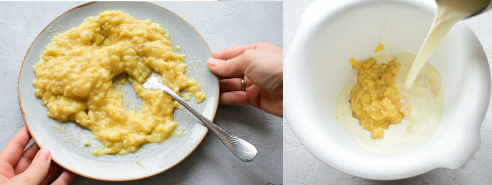 Mashed banana on a white plate with fork. Milk being added to bananas in a bowl.