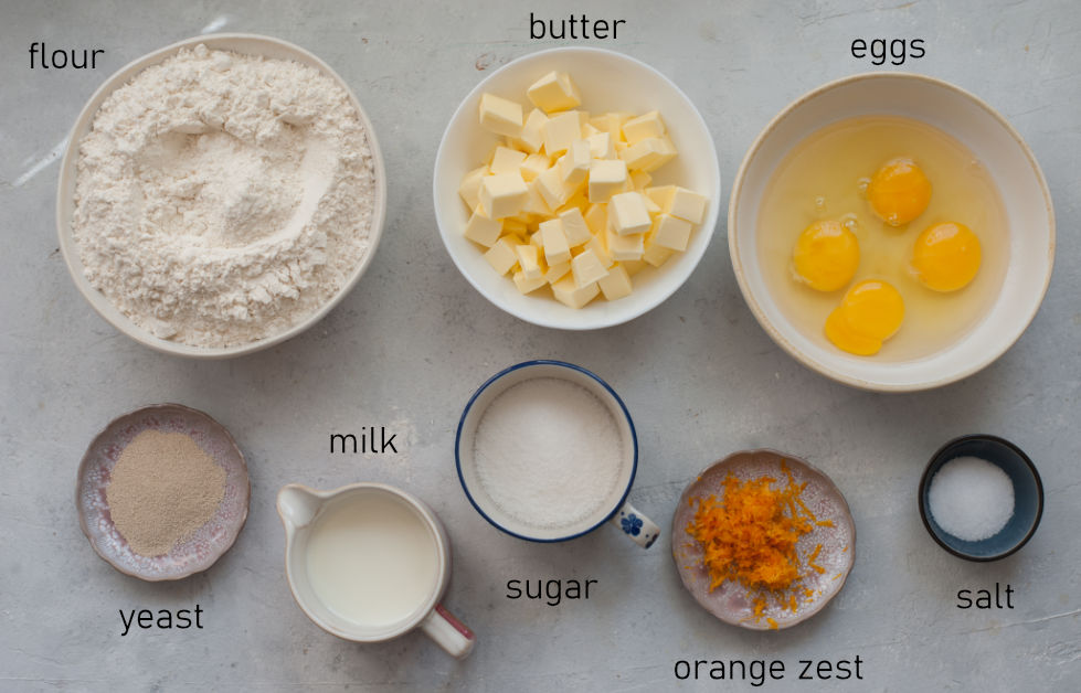 Labeled ingredients for brioche dough.