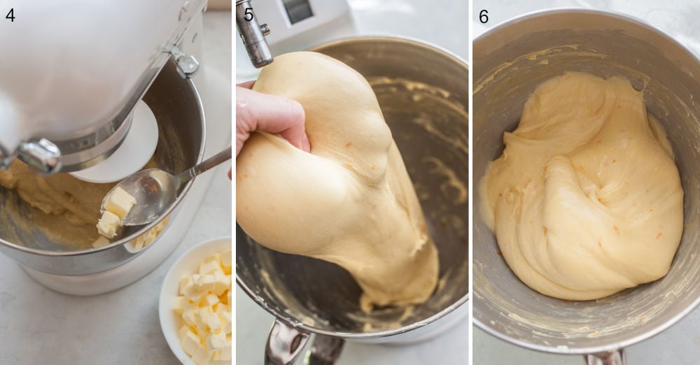 Butter is being added to a brioche dough. Brioche dough held in a hand. Brioche dough in a bowl.