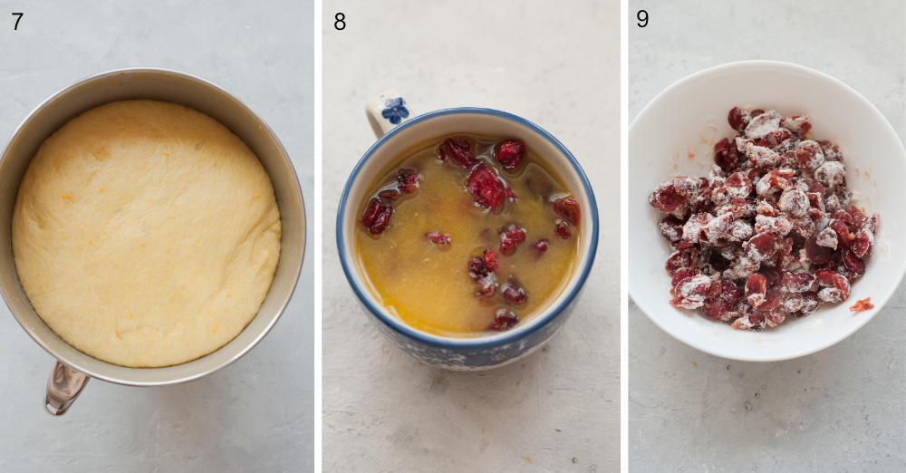 Risen dough in a bowl. Cranberries soaked in orange juice in a cup. Cranberries tossed with flour in a white bowl.