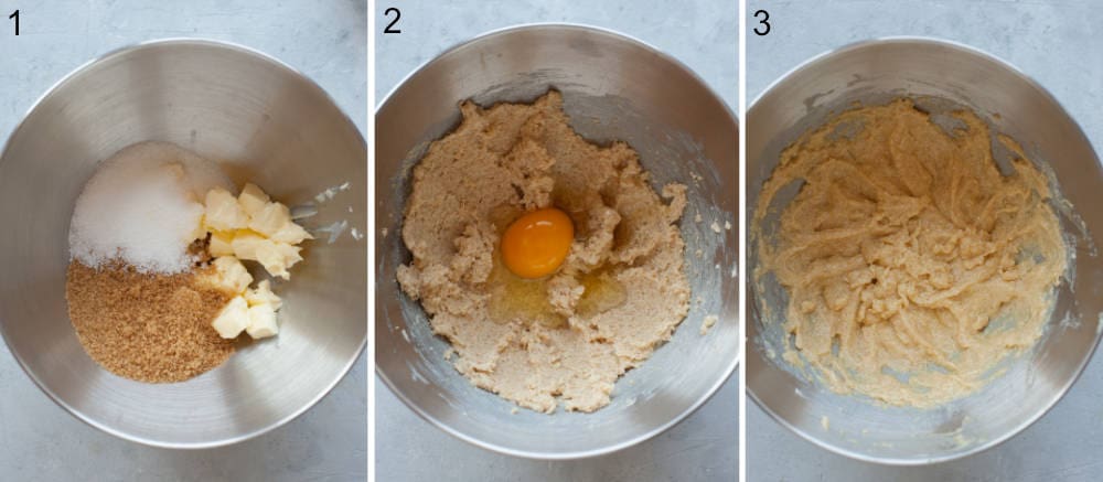 Sugar and butter in a bowl. Creamed sugar with butter and egg in a bowl. Creamed butter, sugar, and egg in a bowl.