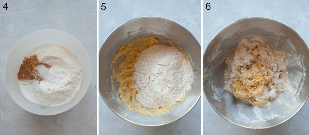 Flour with spices in a bowl. Flour added to creamed butter with sugar and egg. Half-combined cookie batter.