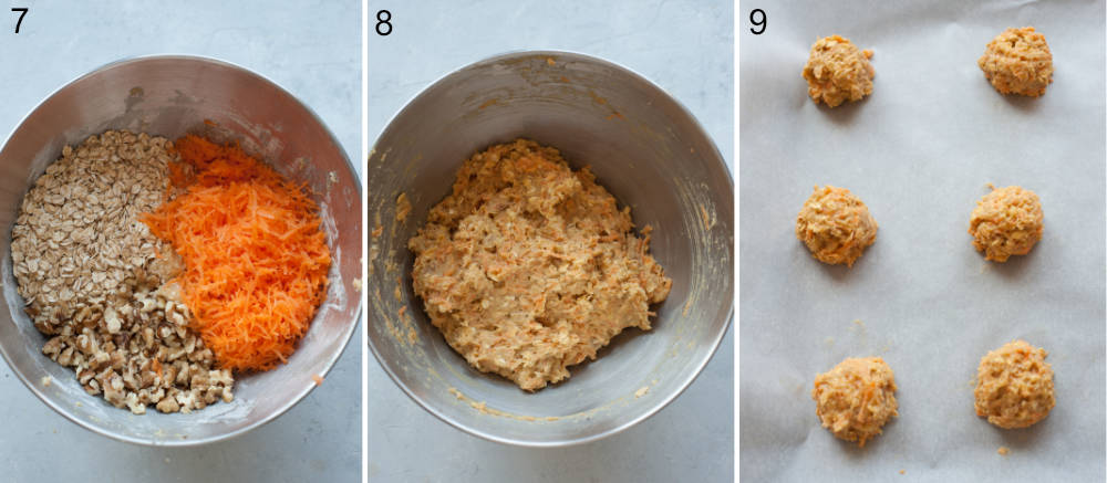 Kolaż 3 zdjęć pokazujący etapy przygotowania ciastek marchewkowych.