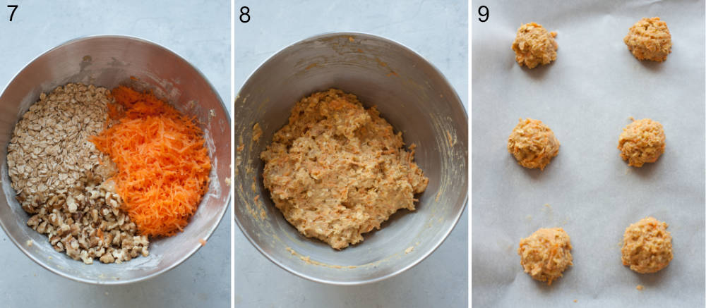 Oats, carrots, and walnuts in a bowl. Carrot cake cookies batter in a bowl. Balls of cookie batter on a parchment paper.