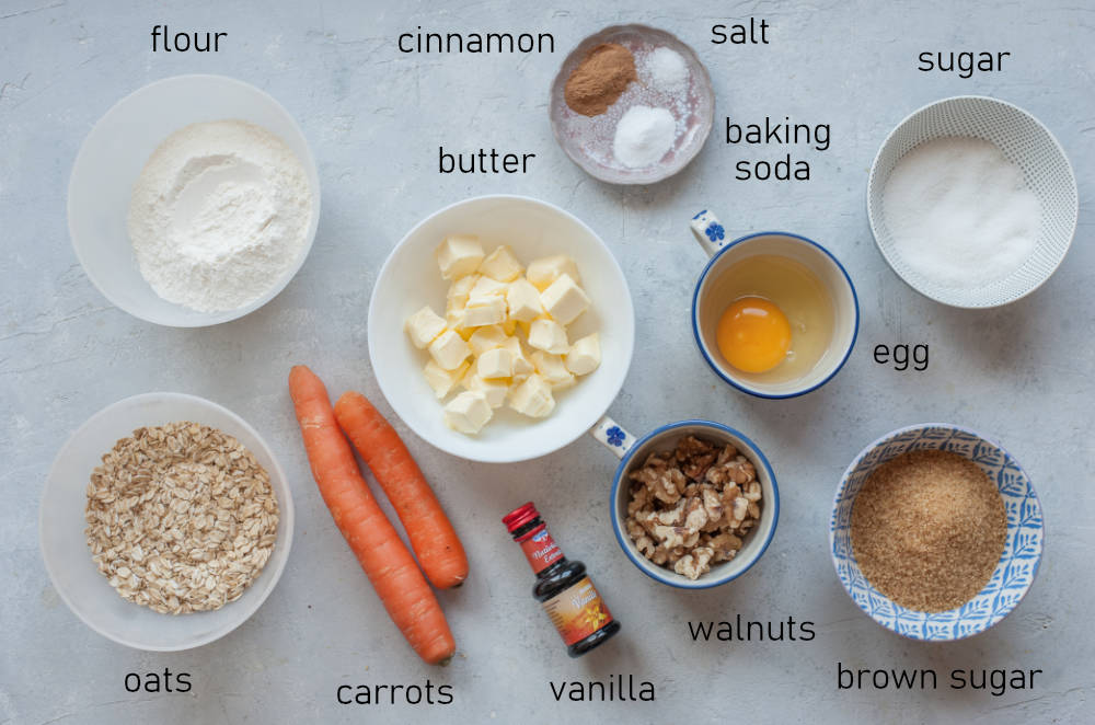 Labeled ingredients for carrot cake cookies.