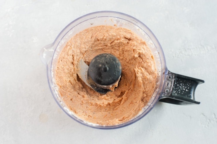 Chicken spread in a food processor bowl.