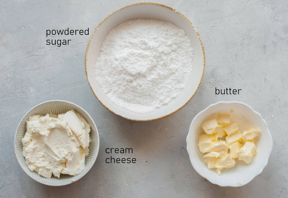 Labeled ingredients for cream cheese frosting.