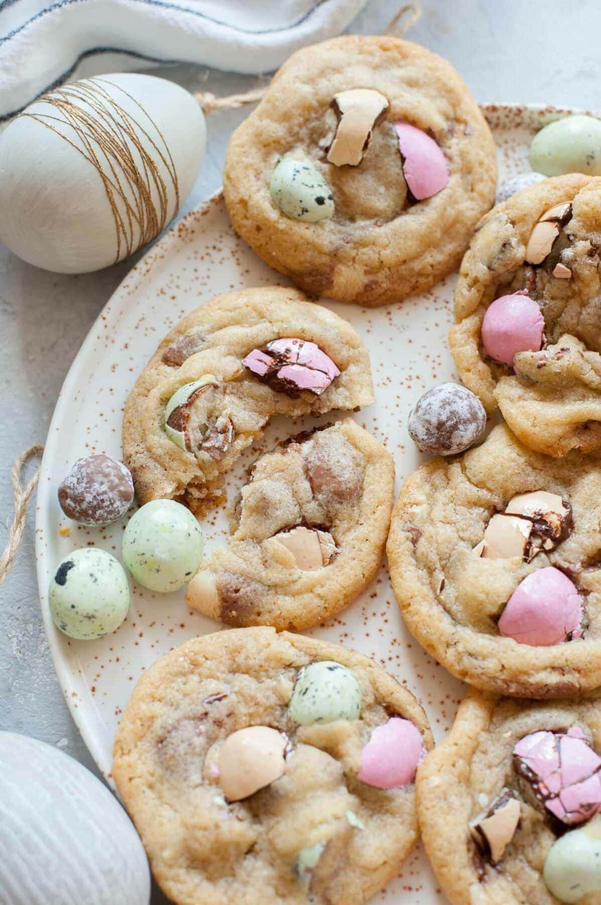 Easter candy cookies on a white plate.