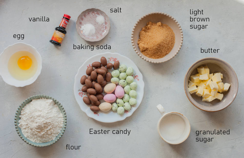 Labeled ingredients for Easter candy cookies.