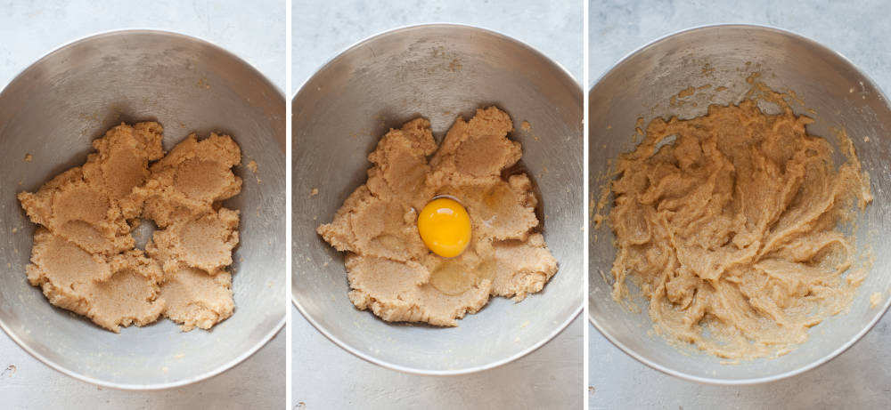 Creaming butter, sugar, and eggs in a bowl.