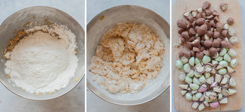 Flour added to a bowl with cookie dough. Chopped Easter candy on a wooden board.