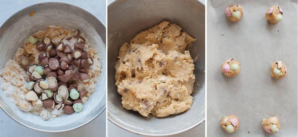 Cookie dough in a bowl. Cookie balls on a baking sheet.