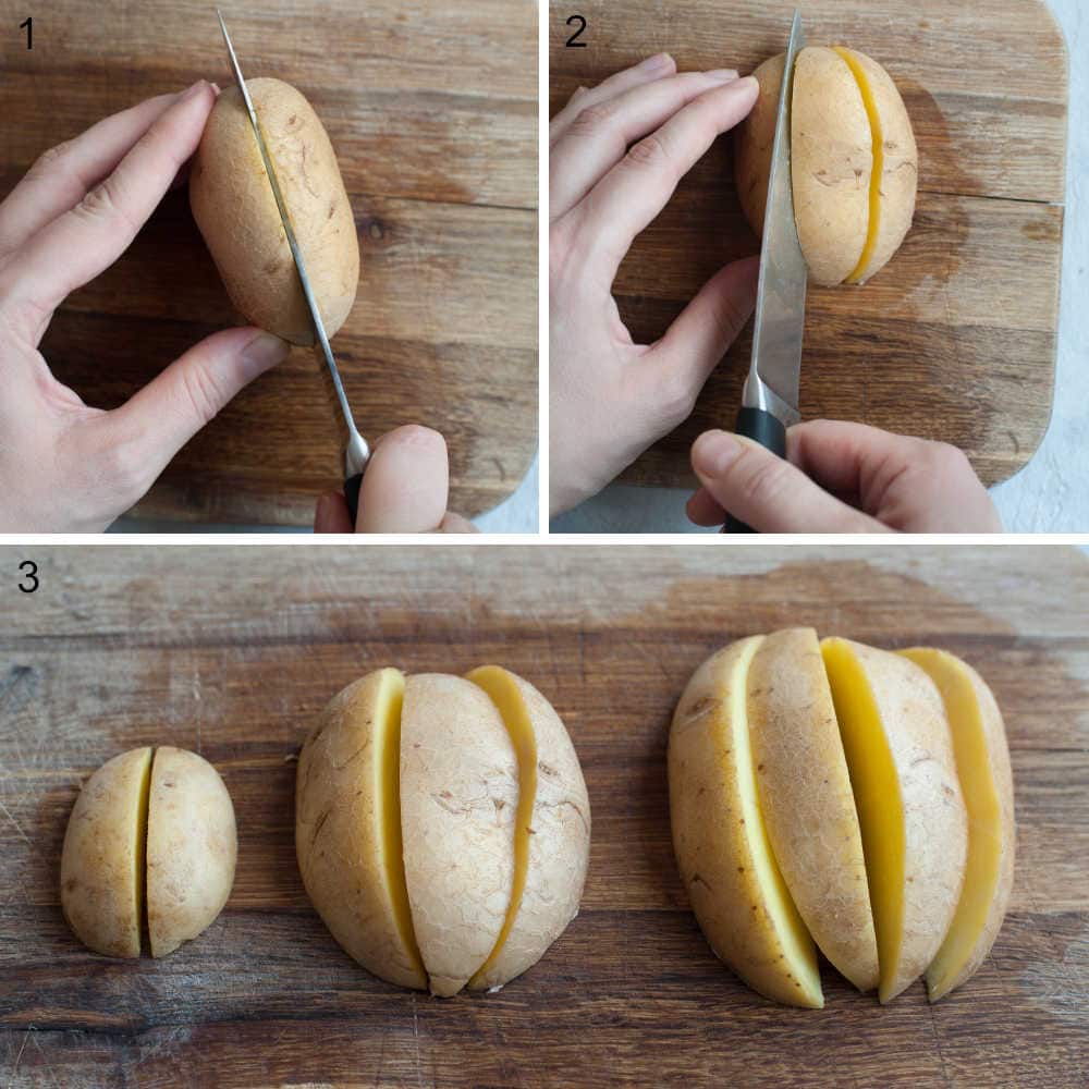 A collage of three photos showing how to cut potatoes into wedges.