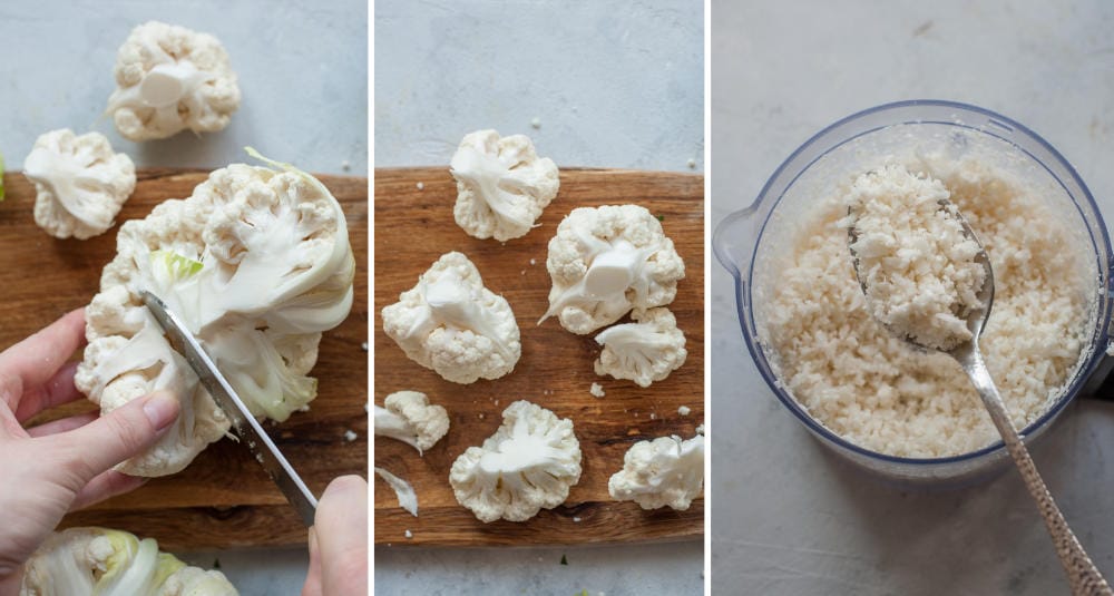 Cauliflower head is being separated into florets. Riced cauliflower in a food processor container and showed on a spoon.