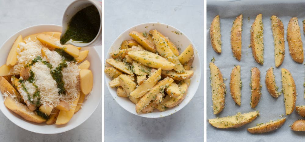 Seasoning of Lemon, parmesan, parsley potato wedges and lining them on a baking sheet.