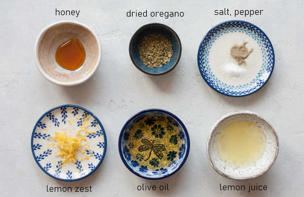 Labeled ingredients for lemon oregano dressing.